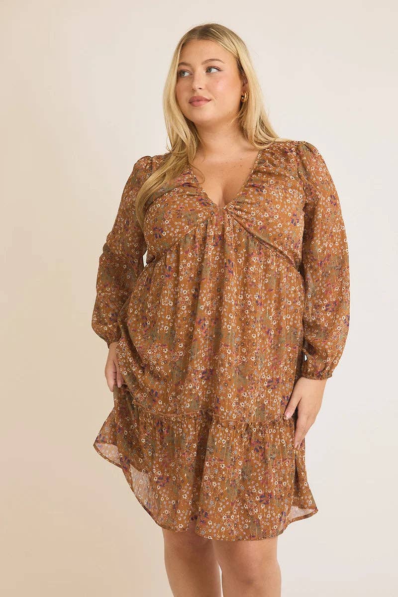 Plus Size Floral Shirring Detail Long Sleeve Mini Dress